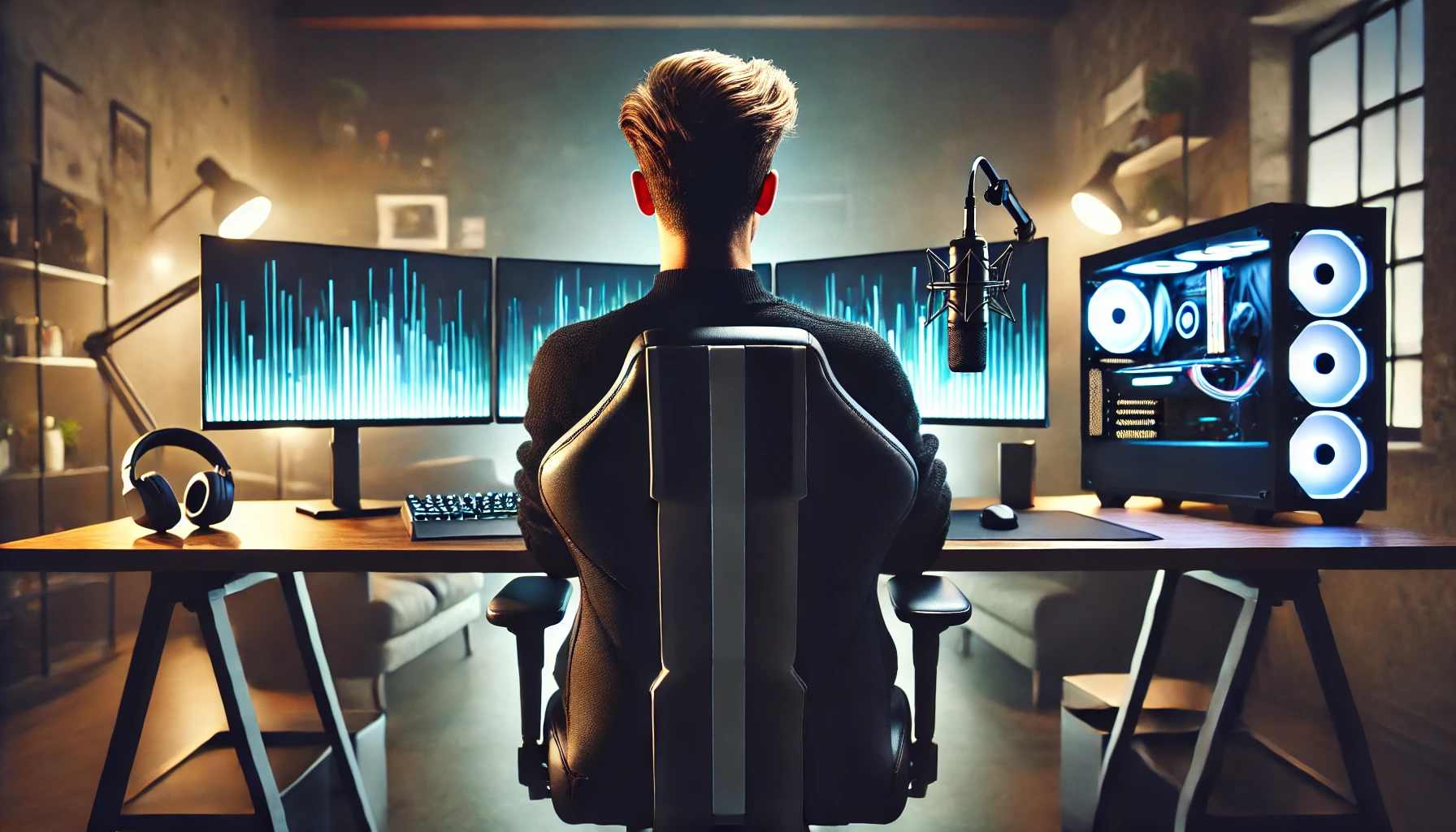 Foto de Luis Caballero trabajando en su escritorio visto desde detrás.